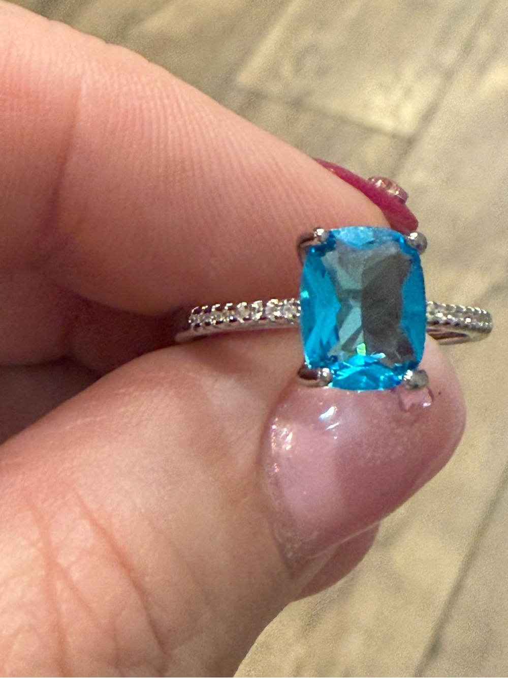 Cushion Blue Gemstone Silver Ring with Pavé Band